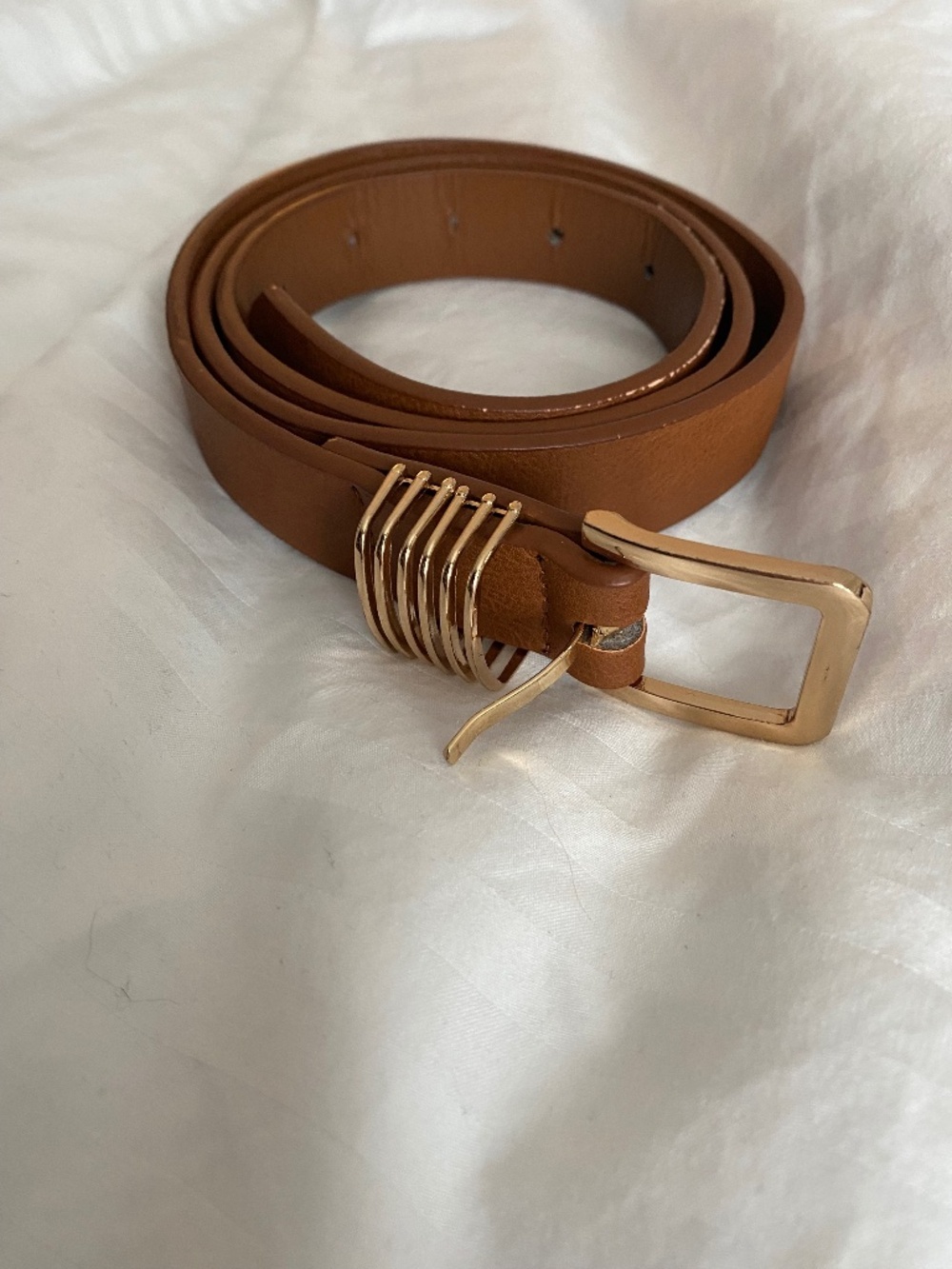 Tan Faux Leather Belt with Gold Hardware